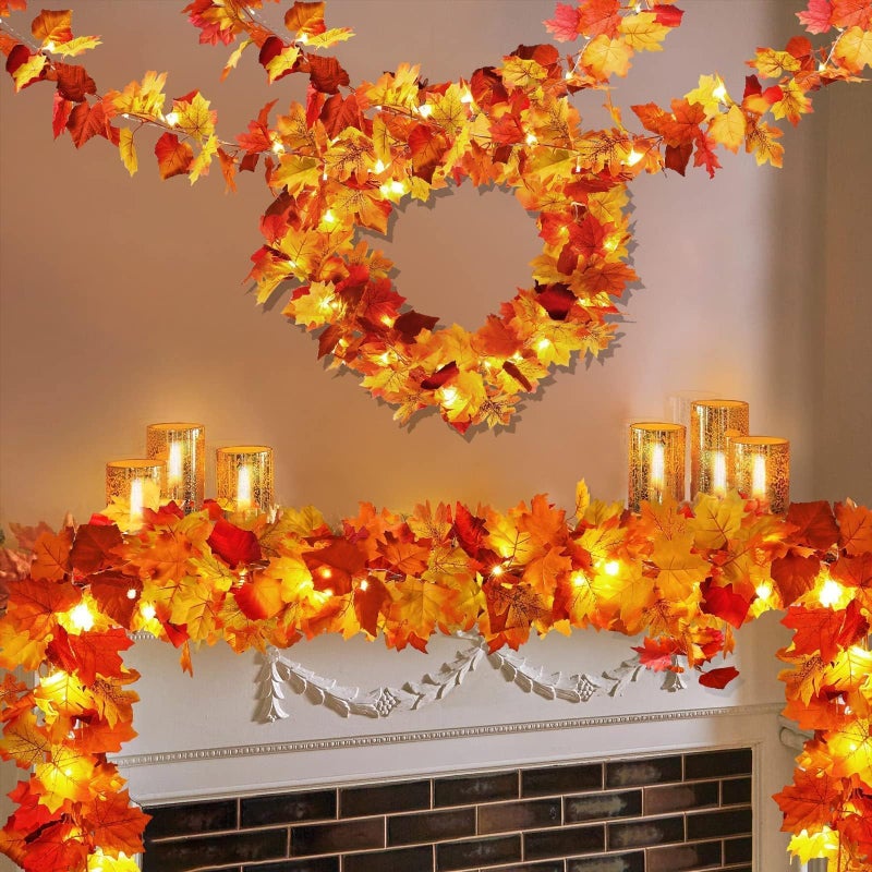 HINZER 4 Pack Fall Decor Garland - Fall Thanksgiving Decorations for Home - 23.6Ft Maple Leaves Garland with Lights Battery Operated for Mantle Fireplace Table Indoor Outdoor Autumn Halloween Christmas Decor - Image 1